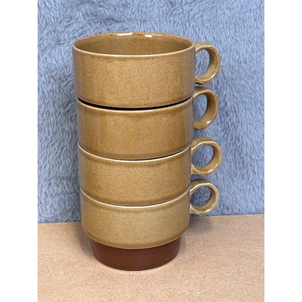Vintage Ekco Eterna Canoe Stoneware Soup Mugs Set of 4 Stackable Brown Japan